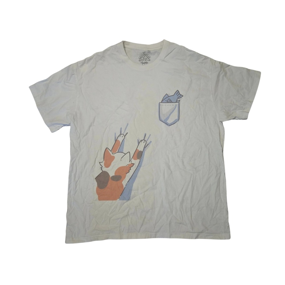 Tanpopo Home Mens Size 2XL White Calico Cat Graphic T-Shirt Fish Pocket Design